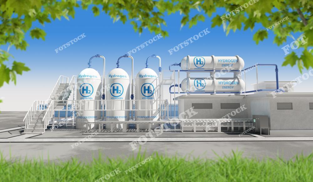 Фотография демонстрирует водородную станцию с резервуарами для хранения H2, окружённую зеленью. Это символ сочетания технологий и природы для развития экологически чистой энергетики. Установка предназначена для поддержки перехода на устойчивые источники топлива.